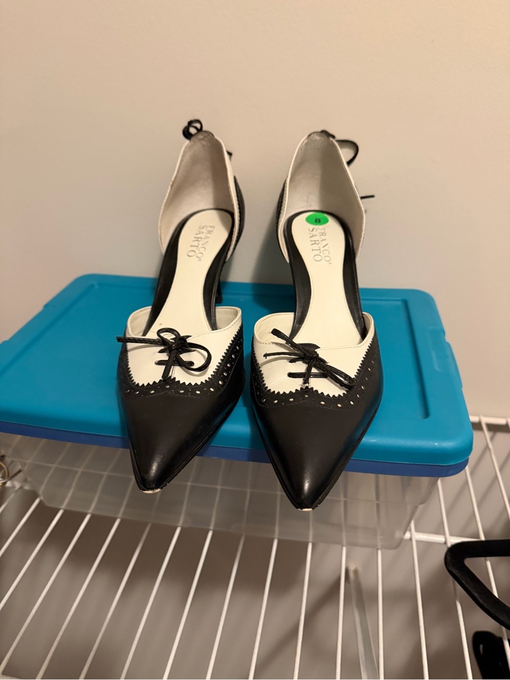 Franco Sarto Black and White Pointed D'Orsay Flats with Bow